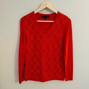 Tommy Hilfiger Red Gold Studded Cotton Sweater Womens Medium V Neck